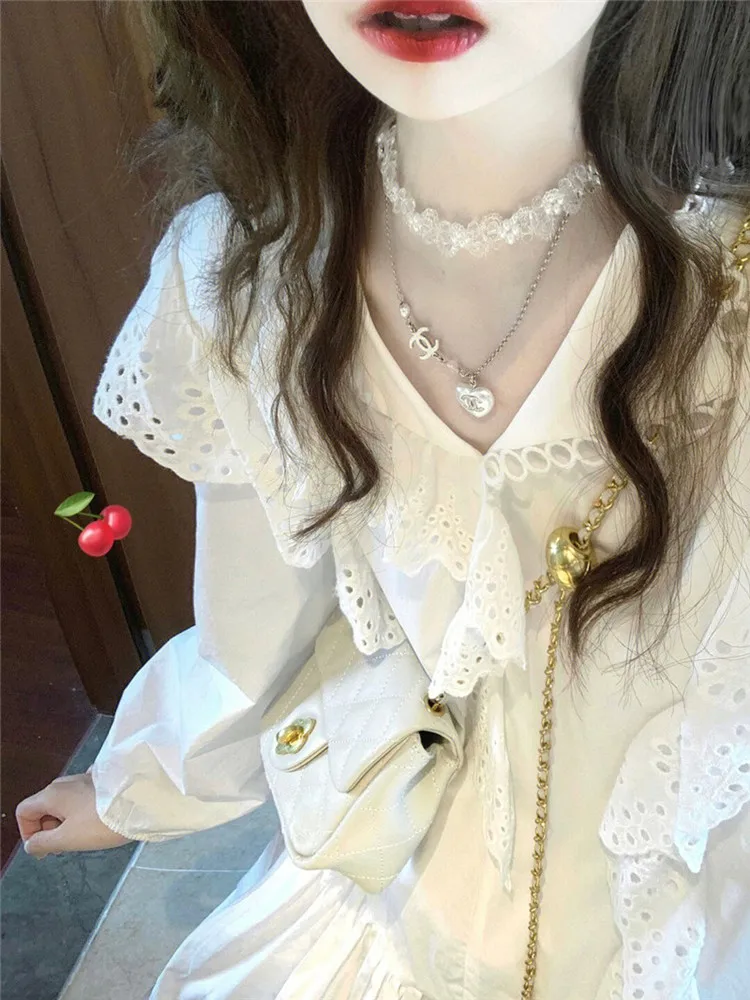 

Retro Lace V-ne Dr Women Loose Slimming Small Size Ele Sweet A-line Skirt Commute Sle Korean Version Bubble Sve