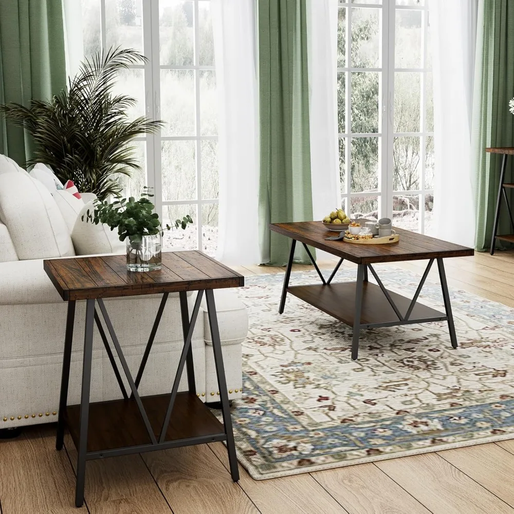 Industrial Wood Table Set for Living Room, Coffee Table and Side Table with 2-Tier Storage Shelves for Bedroom, Office - Black M