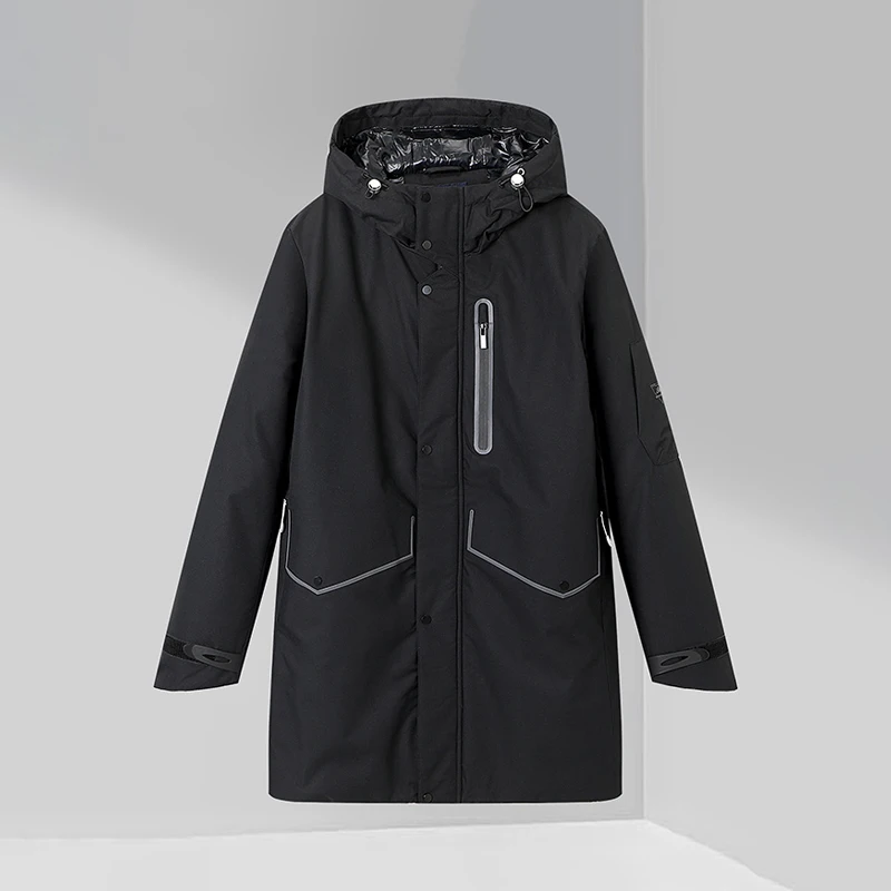 

Модная мужская удлиненная куртка-пуховик с капюшоном, в стиле колор-блок, повседневная, утепленная, с наполнителем из белого утиного пуха, стандартного кроя, верхняя одежда