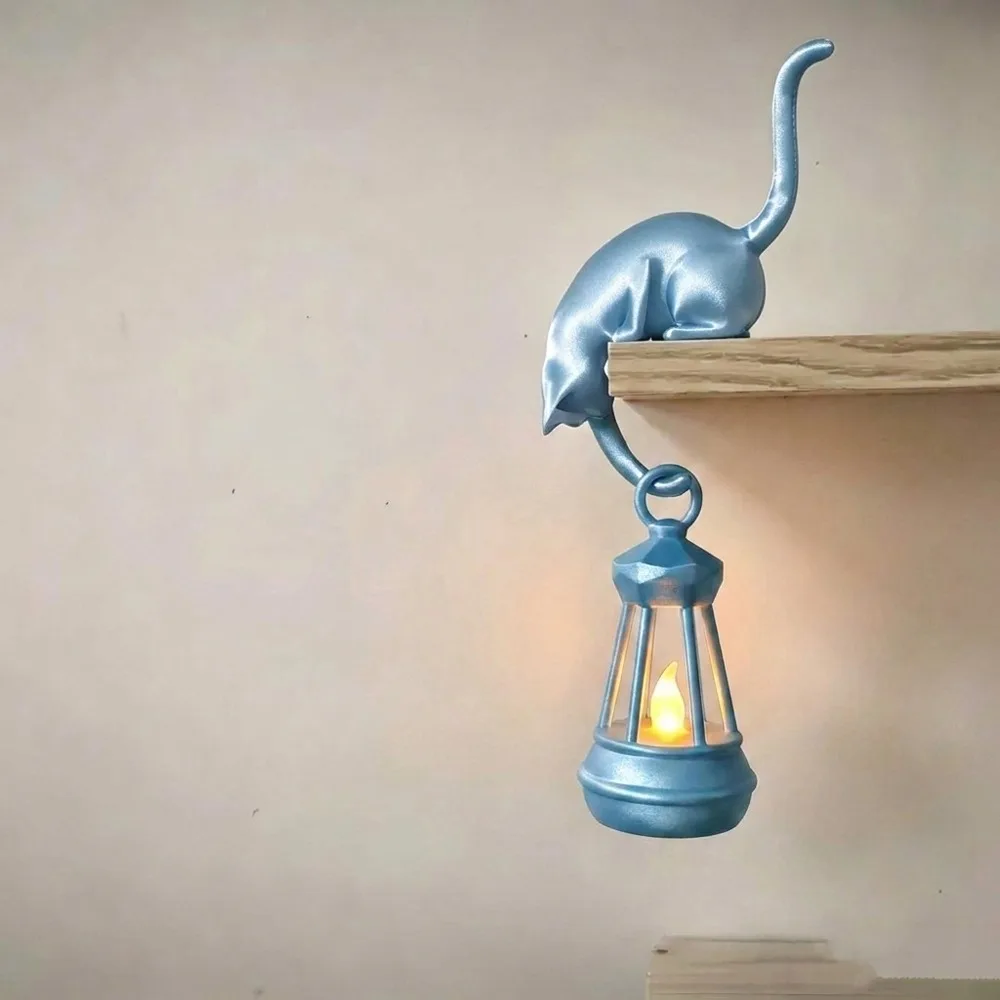 3D Printed Cat Wall Hook Light with Lantern Vintage Style Cat Decor Lamp Inverted Cat Artistic Cat Hanging Hook Living Room