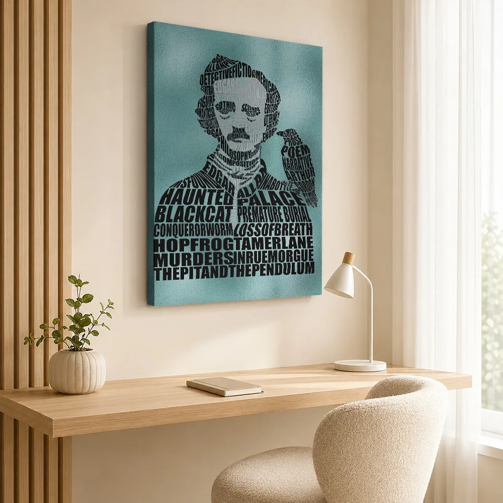 Gothic Writer Typography Portrait Canvas Print With Wooden Frame Personalized Photo Cover Illustration Wall Art For Reading Nook