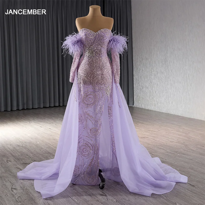 Princess Purple A-line Evening Dresses Long Sleeves Scoop Lace Back Sequins Feathers Birthday Party Dress robes de soirée