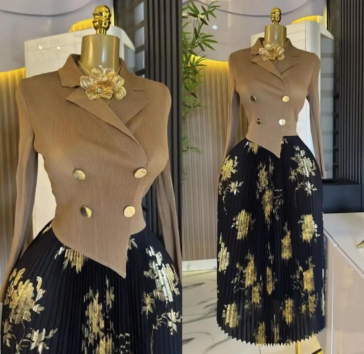 Miyake Commuterอารมณ์ชุดฤดูใบไม้ผลิ 2025 เสื้อผ้าผู้หญิงใหม่แขนยาวจีบกระโปรงชุดคอElegantกระโปรงอเนกประสงค์