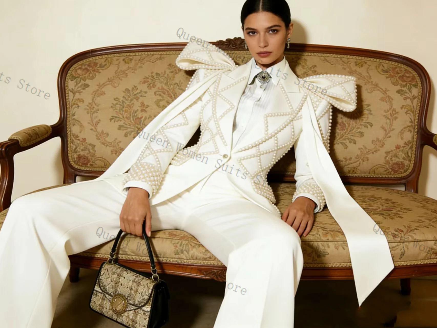 

Pearls Women Suit Set 2 Pcs Blazer Pants Spring Luxury Cotton Outfit Prom Formal Office Lady Jacket Wedding Coat Customized