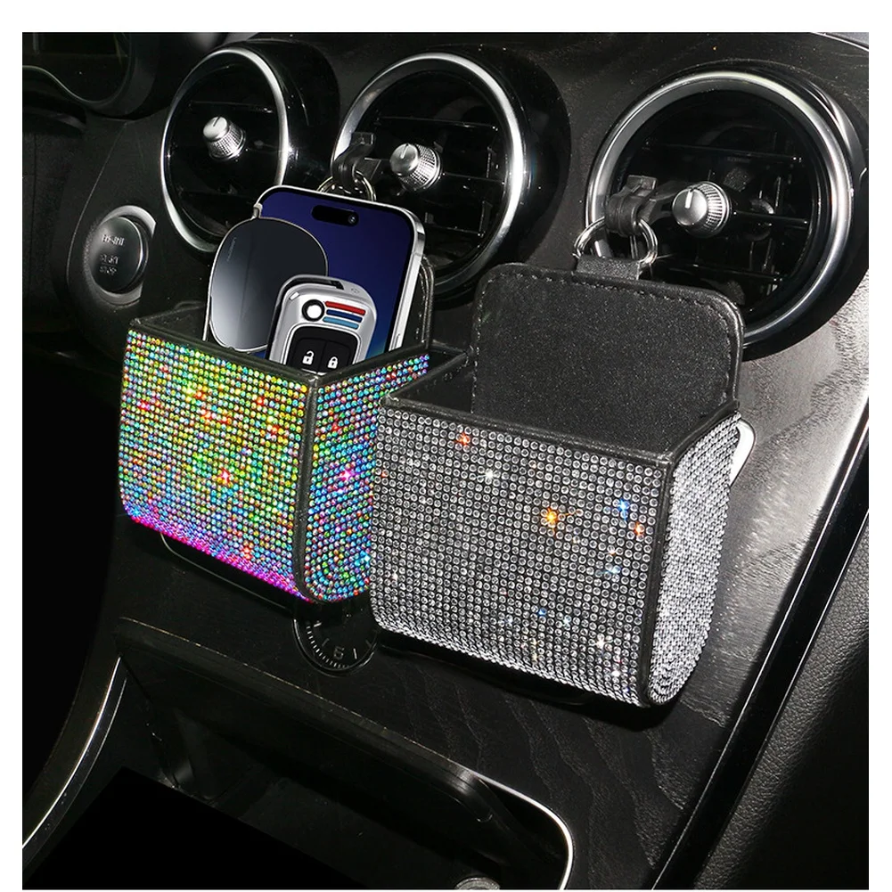 Vehicle Air Vent Mounted Leather Organizer Bag with Rhinestone Accents for Storing Phone For Documents and Small Essentials