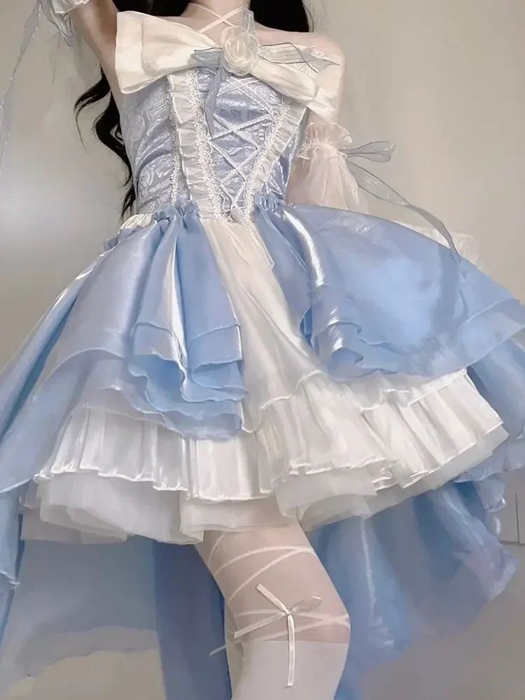 Lolita Op Princesse Manches Bouffantes pour Fille, Robe de Dégradation, Tunique en Maille, Noeud Papillon, Fleur, Ruban, Style Romantique Français, Cosplay Élégant