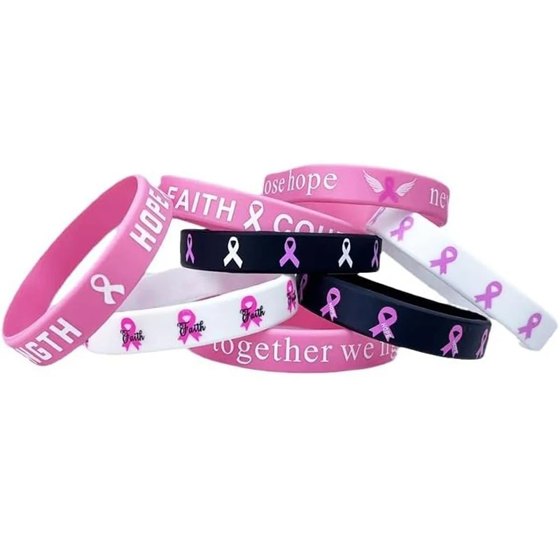 4/8/64pcs Breast Cancer Awareness Silicone Wristbands - Unisex Ribbon Hope Faith Strength Courage Inspiring Bracelets for Party