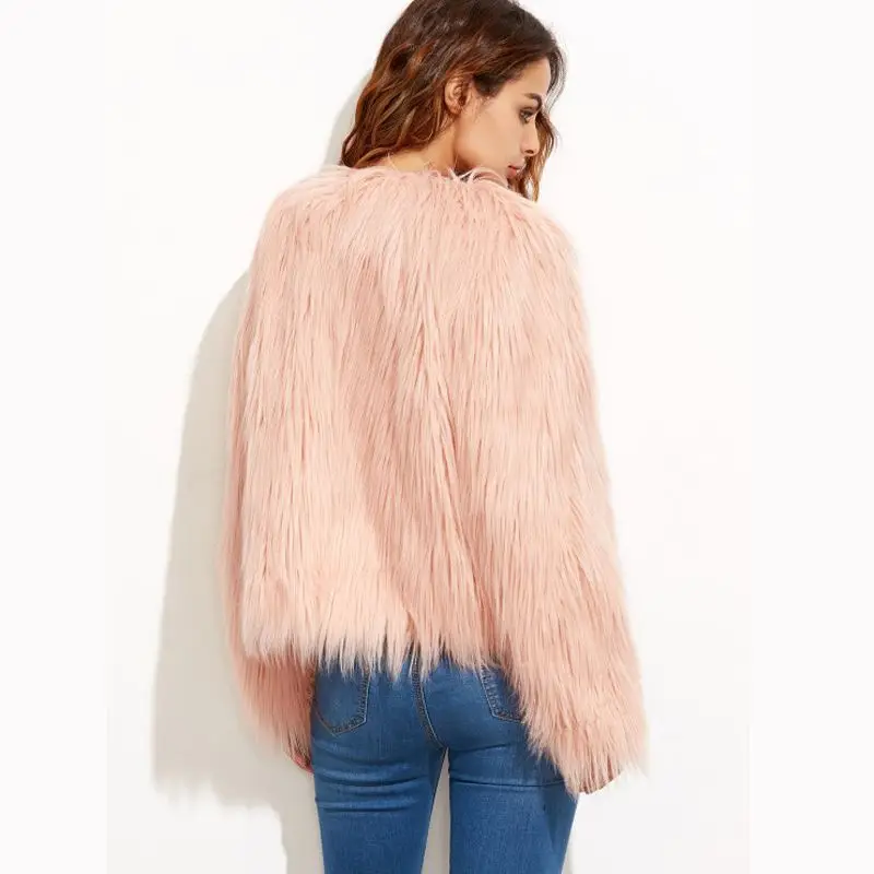 Furry Fur Coat Women Fluffy Warm Long Sleeve Outerwear Autumn Winter Coat Jacket Hairy Collarless Coat