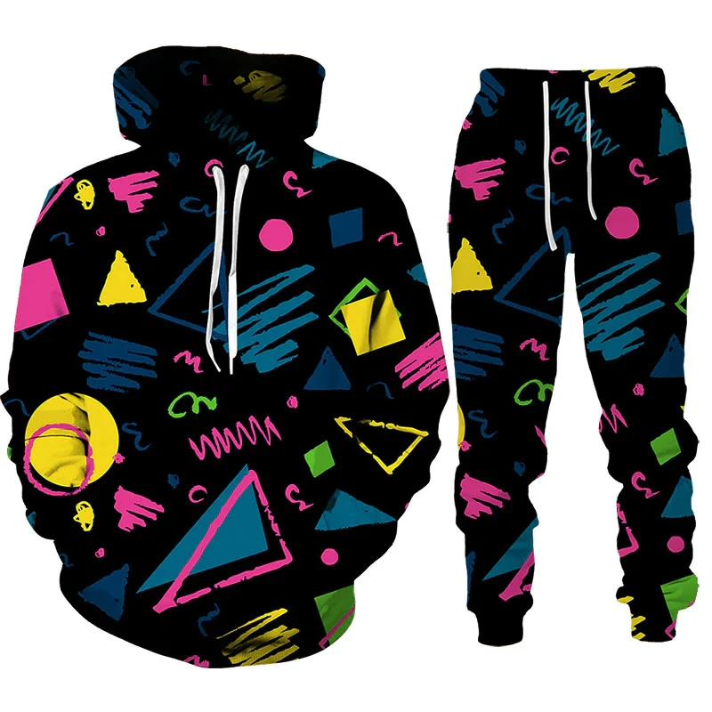 80s 90s Retro Geometric 3D Printed Hoodie Pant Sets Men's Casual Sweatshirts Sweatpants Two Piece Suits Man Tracksuit Clothing