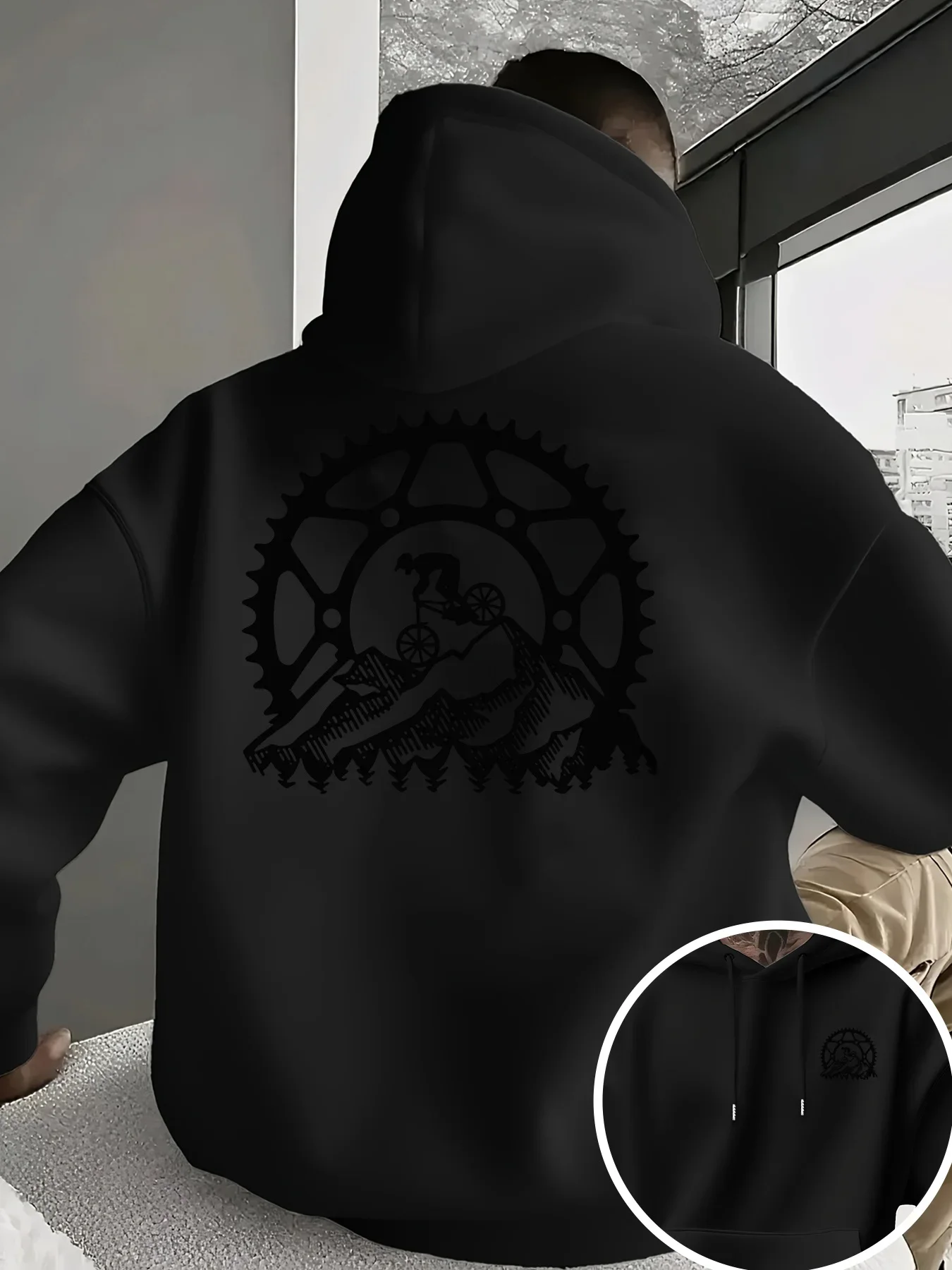 Men MTB Cycling Printed Hoodies Bicycle Sprocket Graphic Sweatshirt Mountain Forest Loose Fit Warm Fall Winter Sports Tops