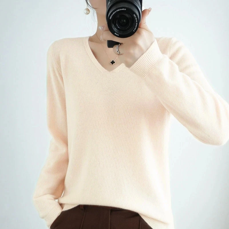 Women Sweater V-neck Spring Autumn Knitwear Long Sleeve Slim Warm Sweater Pullovers Lady Basic Jumpers Knitted Bottoming Shirt