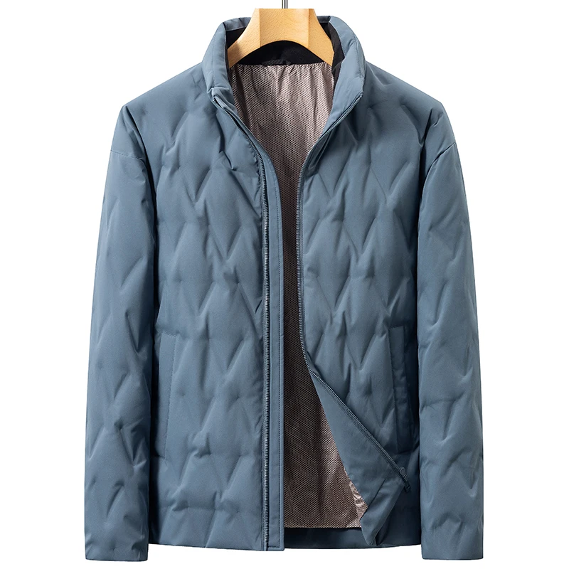 Jaket Bulu Angsa Ringan Pria Kasual Warna Solid Tahan Angin Hangat Mantel Puffer Pakaian Luar Kerah Berdiri Ramping Pakaian Atasan Berlapis
