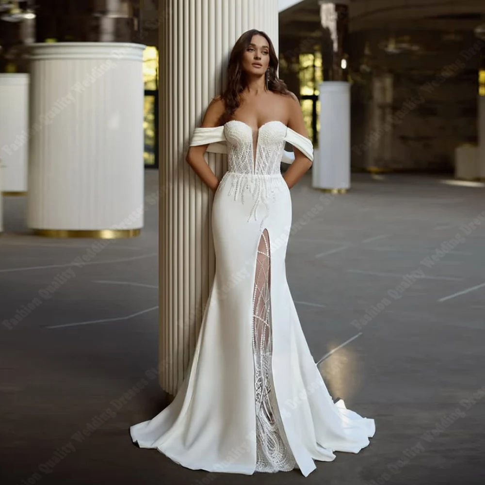 ชุดแต่งงานผู้หญิงแบบคอหวาน แขนกุด เซ็กซี่ เปิดไหล่ ทรงบอลล์ ยาวลากพื้น  แบบสั่งตัดได้