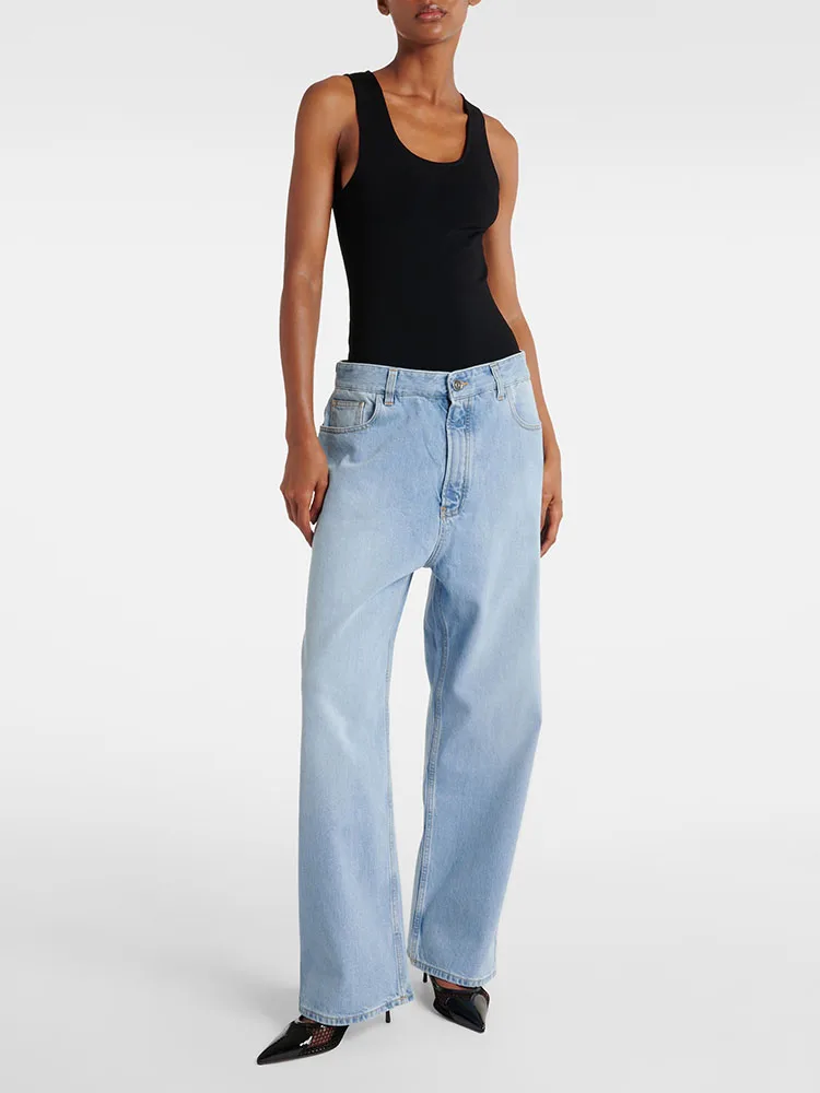 Pants y2k spring and summer washed high-waisted dragging pants denim splicing Bodysuit women2024 simple casual Woman trousers