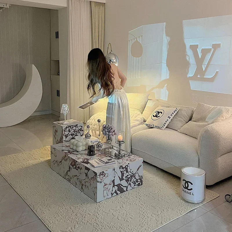 Mild Luxury Marble Coffee Table Living Room Home Rectangular Solid Wood Modern Combination Side Table Imitation Luxury Stone