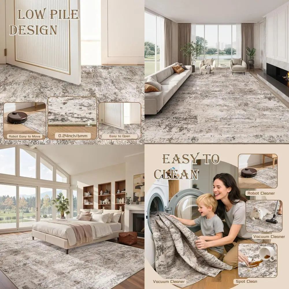 

Washable 8x10 Area Rugs - Ultra-Thin, Abstract Design, Indoor Non-Slip, Stain-Resistant, Soft Brown for Living Room and Bedroom