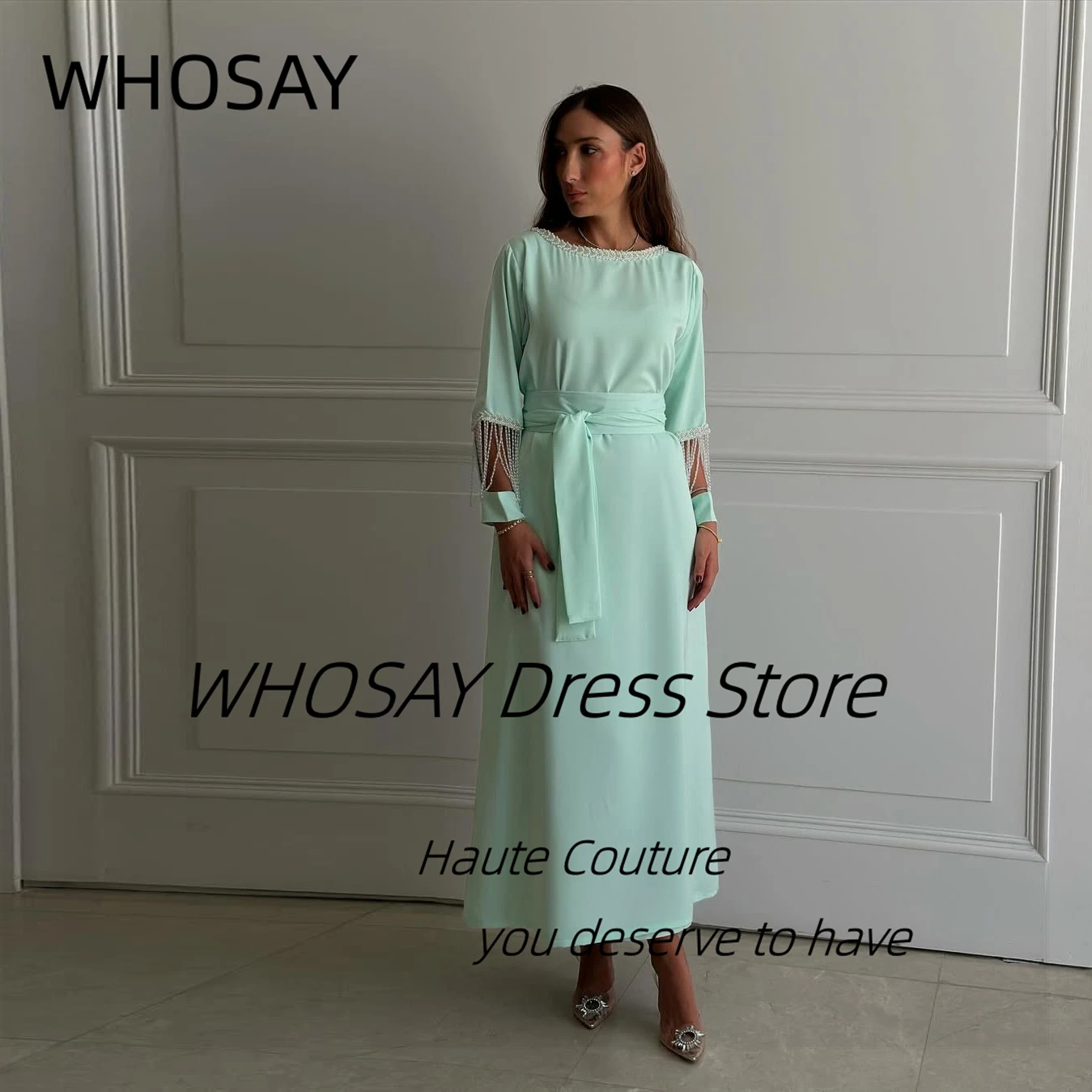 

WHOSAY Ankle Length Prom Dresses with Beading Long Sleeves Birthday Party Dress Sexy Back Formal Evening Gowns Customized