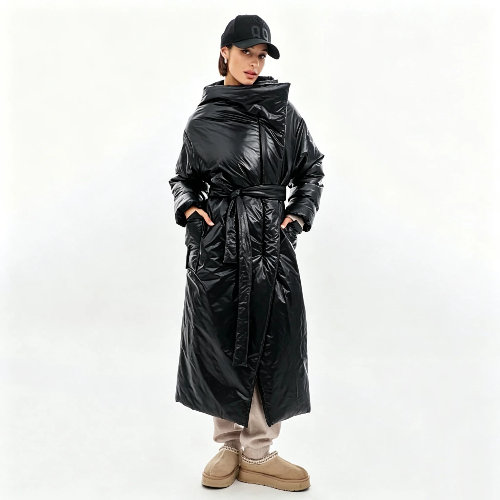 RU Women Wrap Long Puffer Coat Self Tie Belt Loose Long Sleeve Pockets 2026 Autumn Winter Warm Maxi Outerwear Jacket