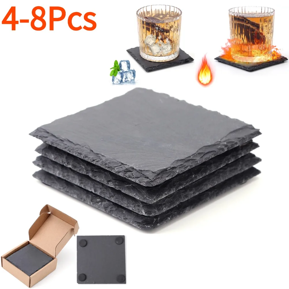 

4/8Pc Natural Stone Coasters Cup Cushion Eco-Friendly Slate Drink Coaster Pad Antiskid Coaster for Drinking Cups Bar Mug Glasses