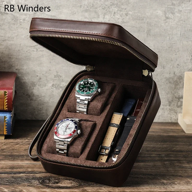 Retro Multi Functional Storage Portable Travel Glasses Watch Storage Case 2 Slots Genuine Leather Gift Boxes Customization Logo