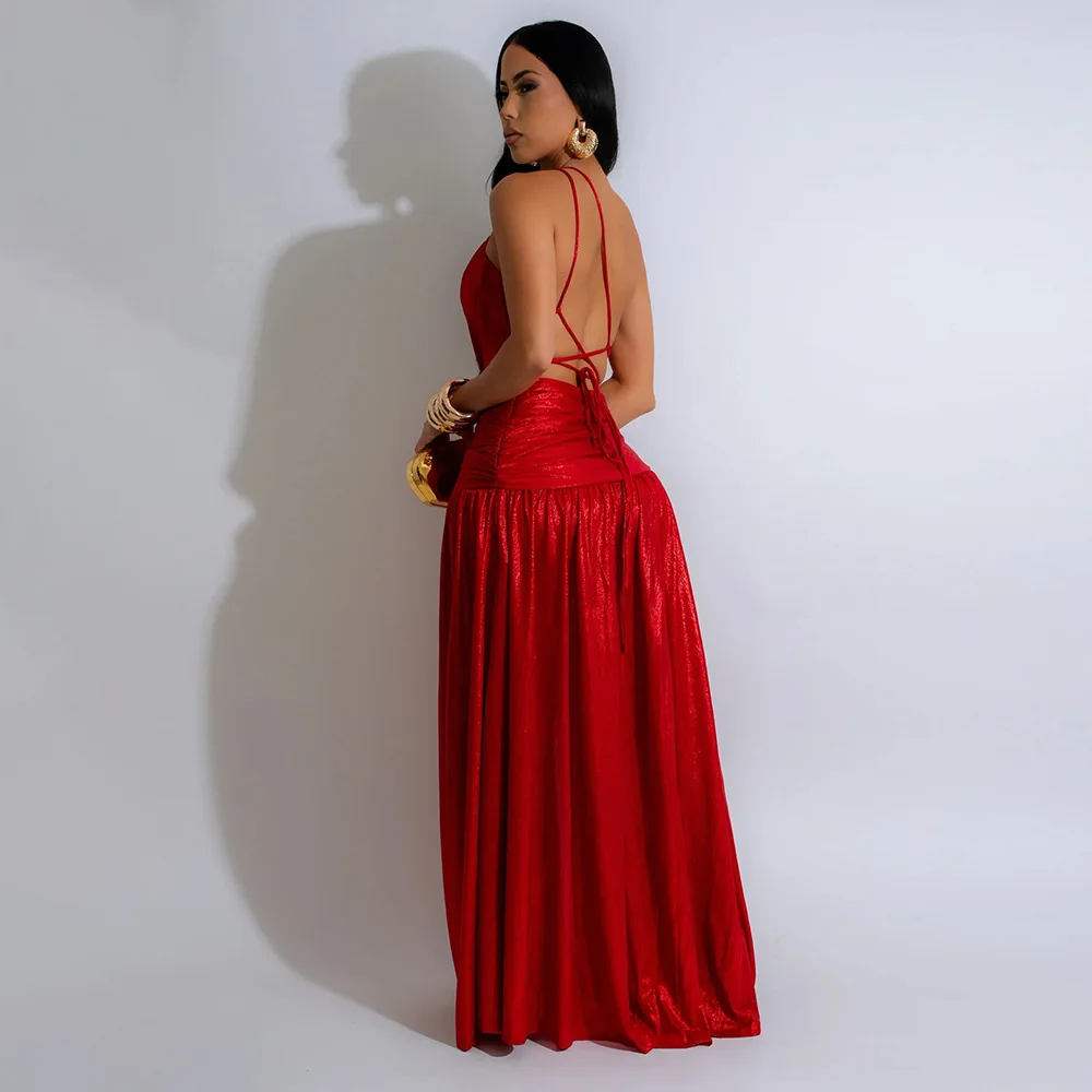 2024 Asymmetrical Hollow Out High Split Sexy Evening Dress Sleeveless Backless Pleated Long Dresses Women Solid Elegant Dress