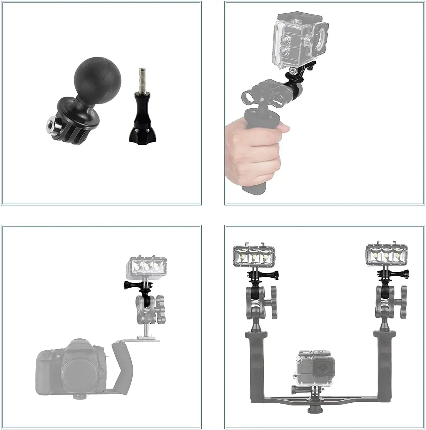 サムスクリュー付きボールヘッドマウントアダプター,GoPro Hero 7,6,5,4,3,3,黒,銀,白,dji osmo action,1 ", 2個