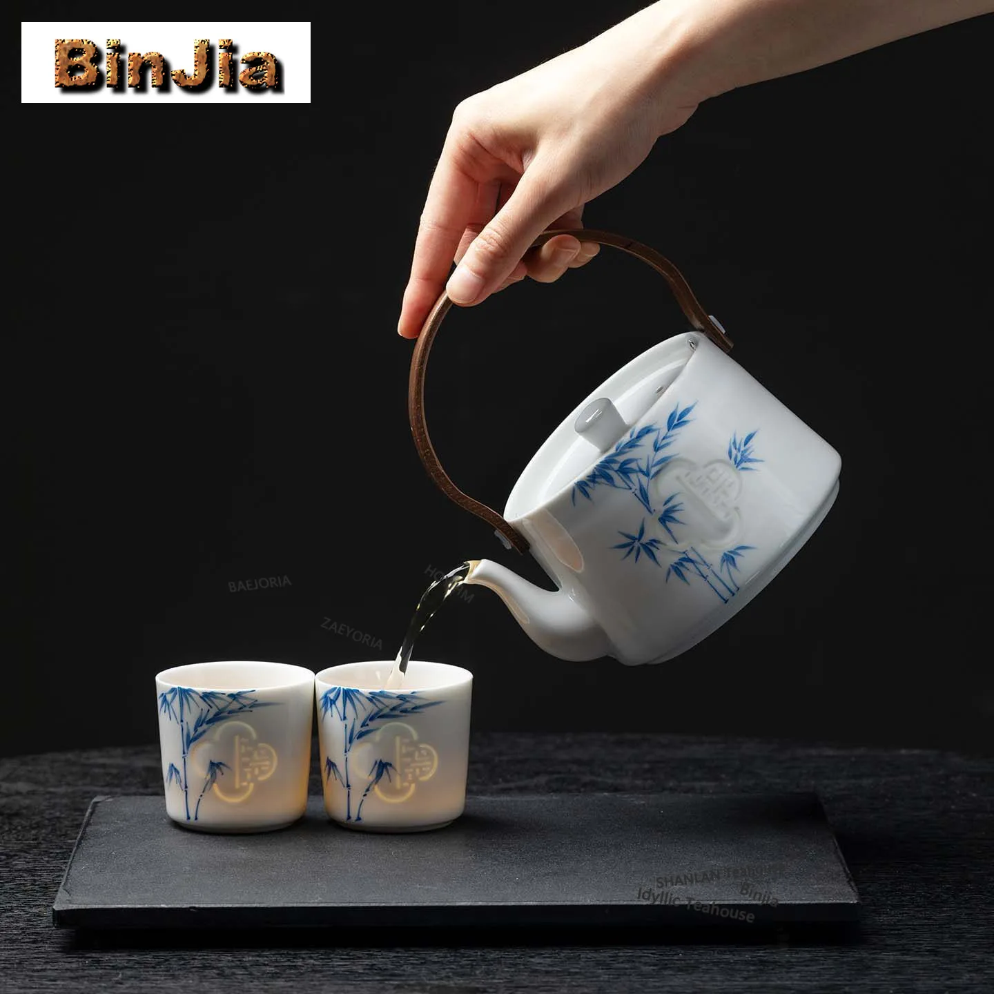 BAEJORIA 600ml Hand Painted Exquisite Bamboo Shadows Boiling Water Kettle Large Capacity Tea Maker Pot Bubble Tea Kettle Teaset