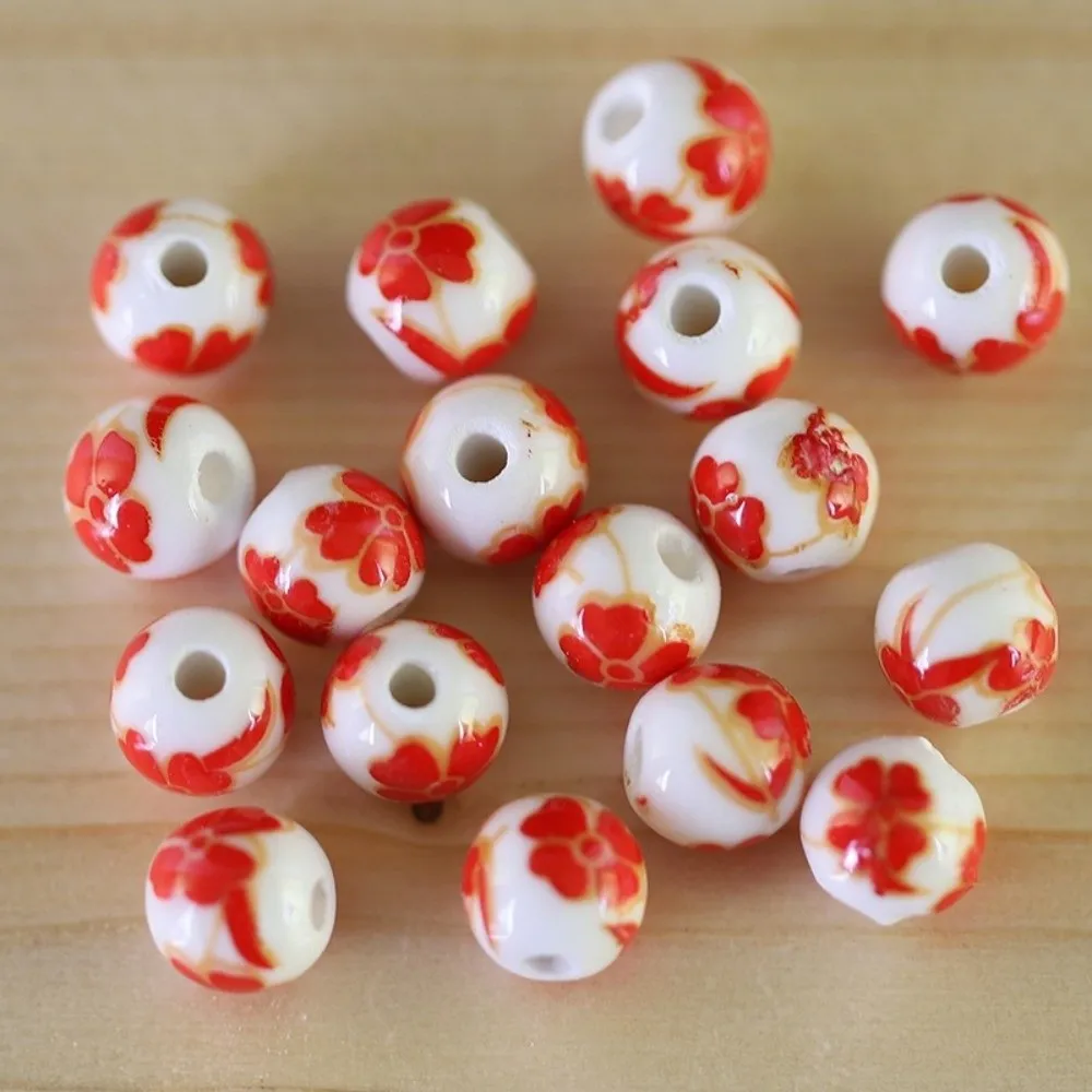 30pcs/set Creative DIY Ceramic Beads Flowers Printed Round Loose Beads Loose Form Ancient Style Jewelry Making Woven Necklaces