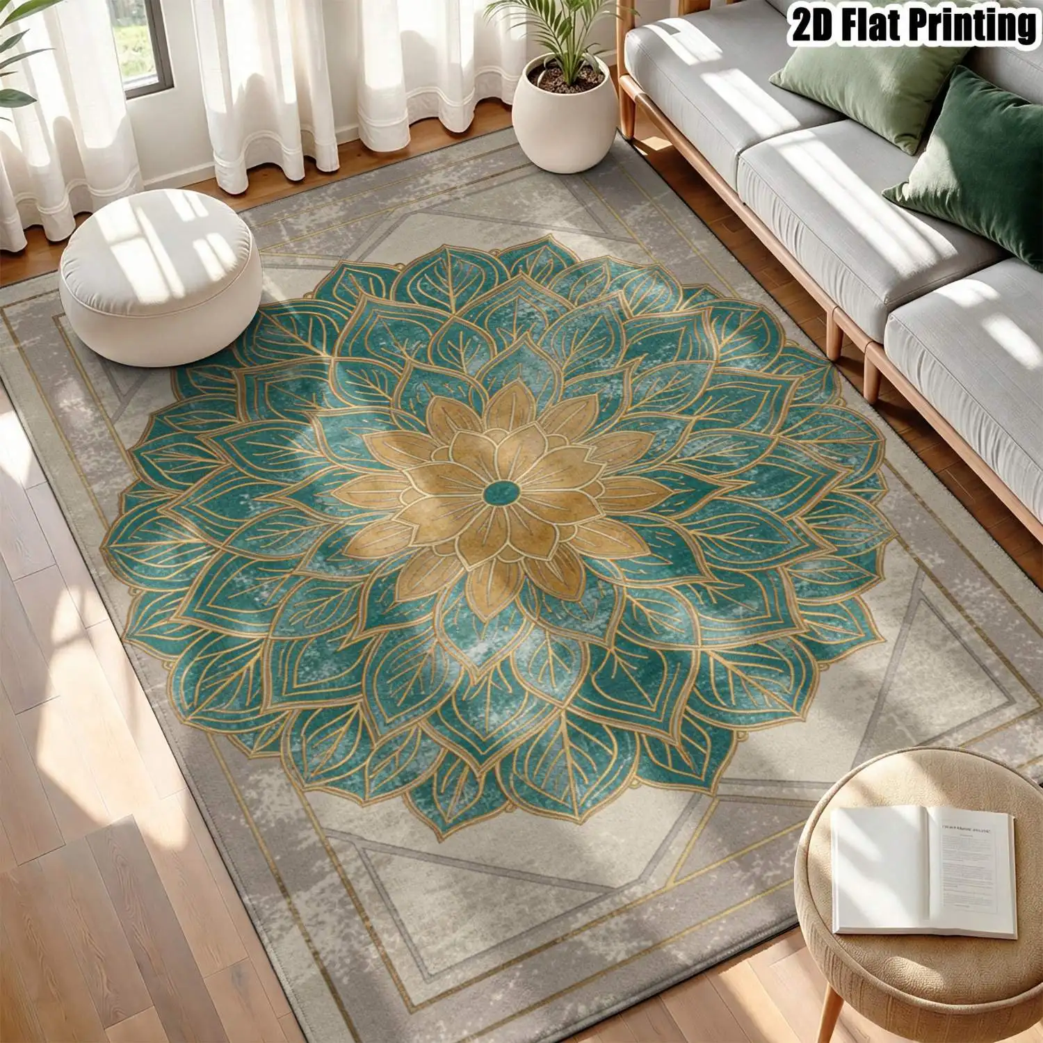 1Pc 2D Printed Carpet: Dark Green & Gold Mandala Retro Rug for European/Bohemian Decor, Multi-Size, Machine Washable, Multi-Scene Use