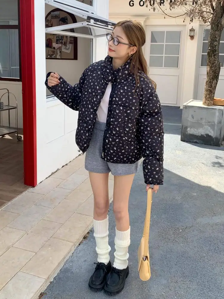 

Корейская модная женская черная куртка с принтом и воротником-стойкой, свободная куртка на молнии, 2024, осень-зима, черное утепленное пуховое хлопковое пальто Y2k