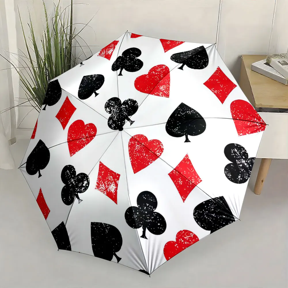 Red and Black Playing Cards Pattern Foldable Umbrella Compact Fashion Folding Umbrella for Daily Use, Christmas Gift