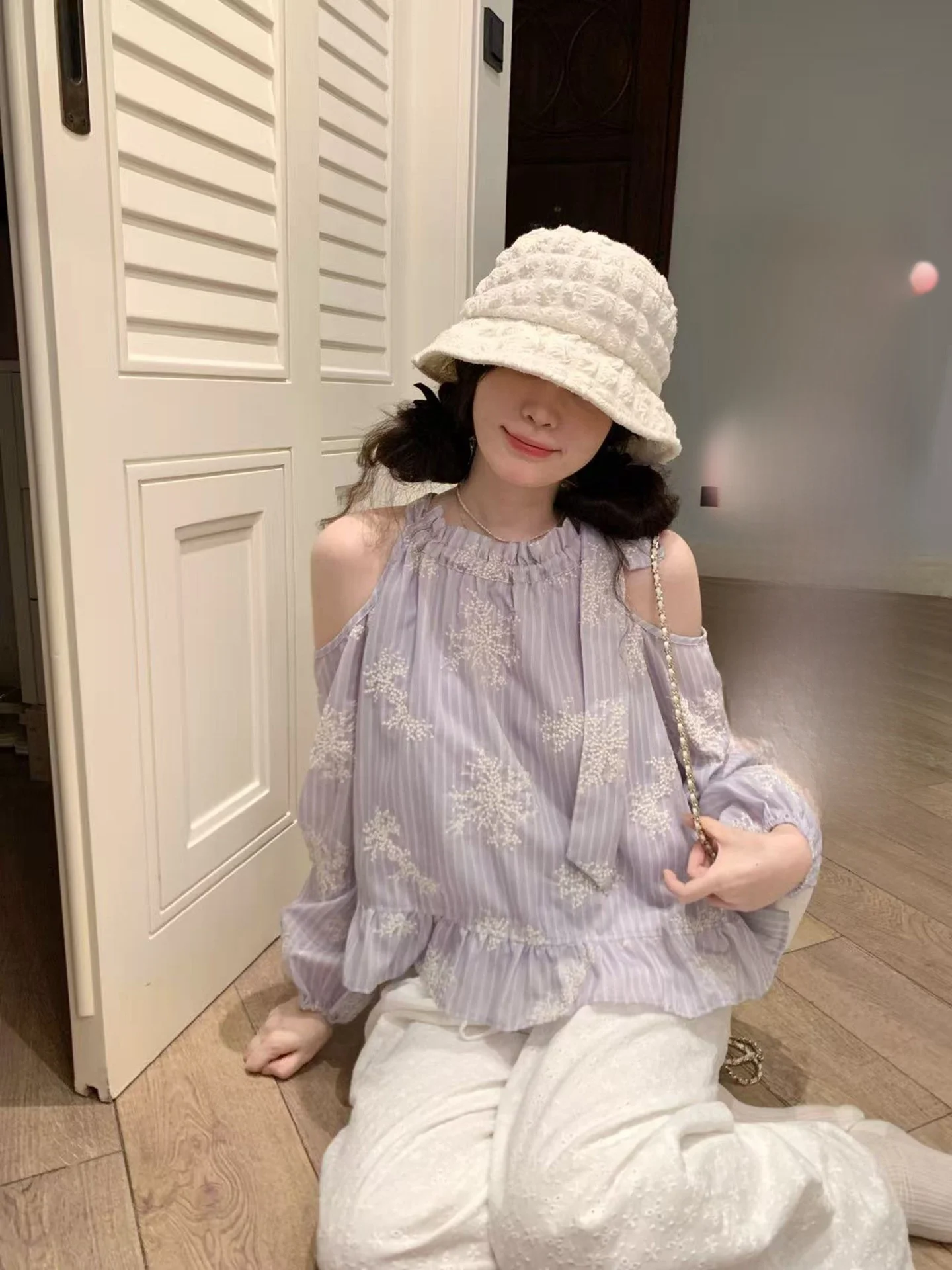 

PtonUmi Purple Island Mist Women's oulder Bared Top with Tie Summer Hanging Ne Long Sve Loose Fit Korean Sle irt