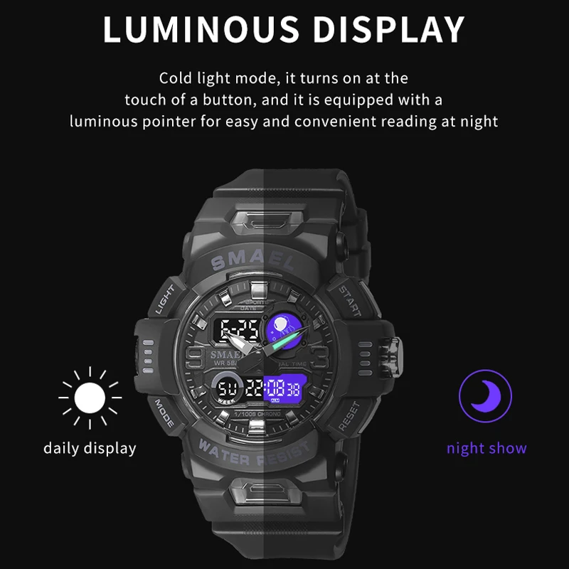 SMAEL Sport Watch for Men LED Light Alarm Digital Clock Dual Time Display Auto Date Backlight Youth Quartz Wristwatches Male