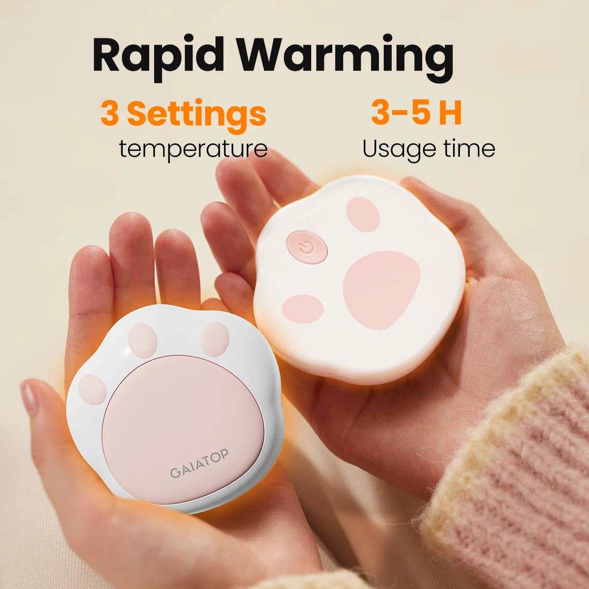 Gaiatop Hand Warmer Rechargeable, 2-piece Cute Cat Claw Shaped 3-level 4000 mAh Electric Hand Warmer