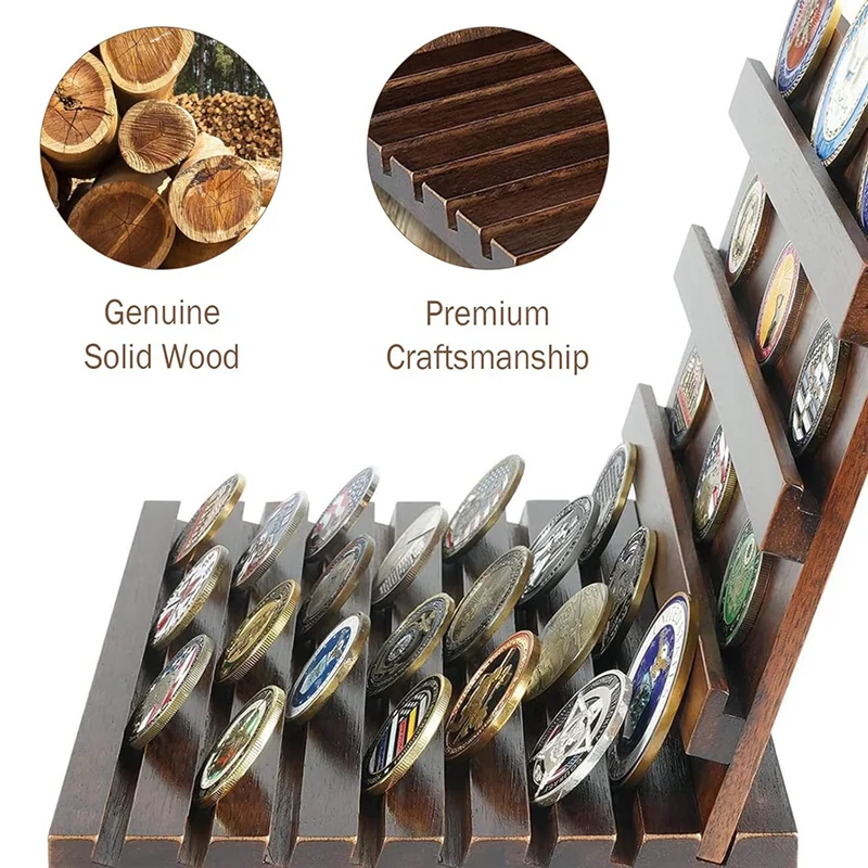 ABJN-suporte de exibição de moedas de madeira maciça, rack para 60 moedas, suporte de moedas e vitrine, sistema de montagem de moedas de desafio