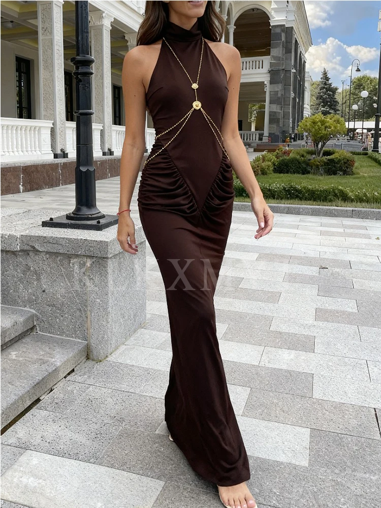 Mulheres sexy vestido longo 2025 novo sem mangas sem costas corrente de metal decoração vestidos longos 2025 feminino verão elegante vestido de festa