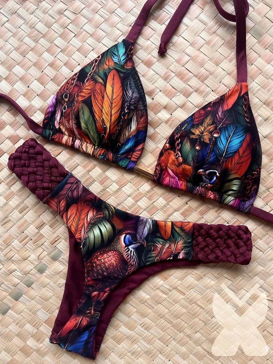 

Print Halter Braided Rope Mini Thong Bikini Female Swimsuit Women Swimwear Two-pieces Bikini Set High Cut Bathing Suit Swim Lady