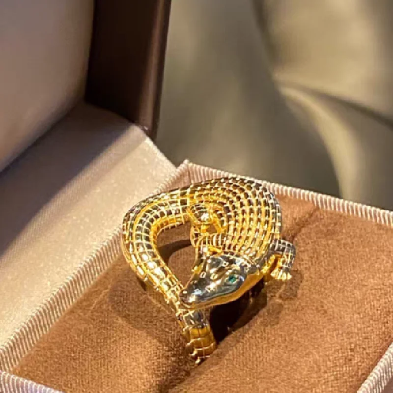 ARIGAYA 925 Sterling Silver Crocodile Open Ring Gold Plated Fine Jewelry For Men And Women