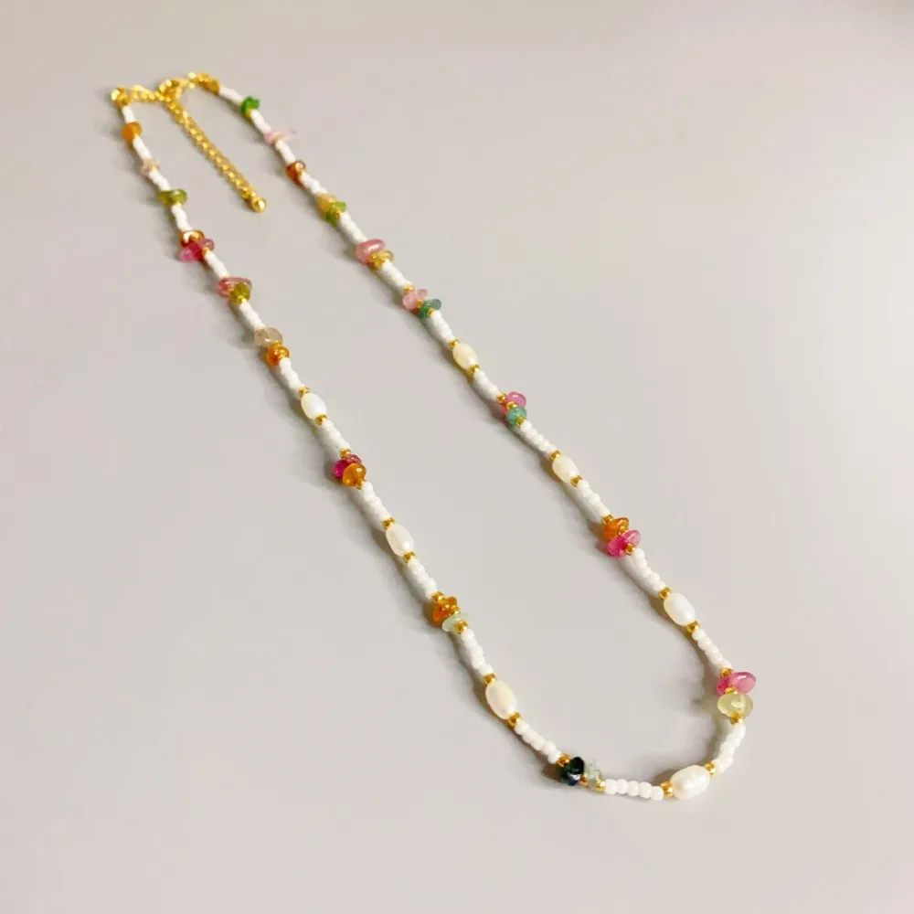 

Japanese Korean New Year Fashion Cultured Pearl Irregular Tourmaline Beads Strand Chain Classic Natural Stone Necklace for Women
