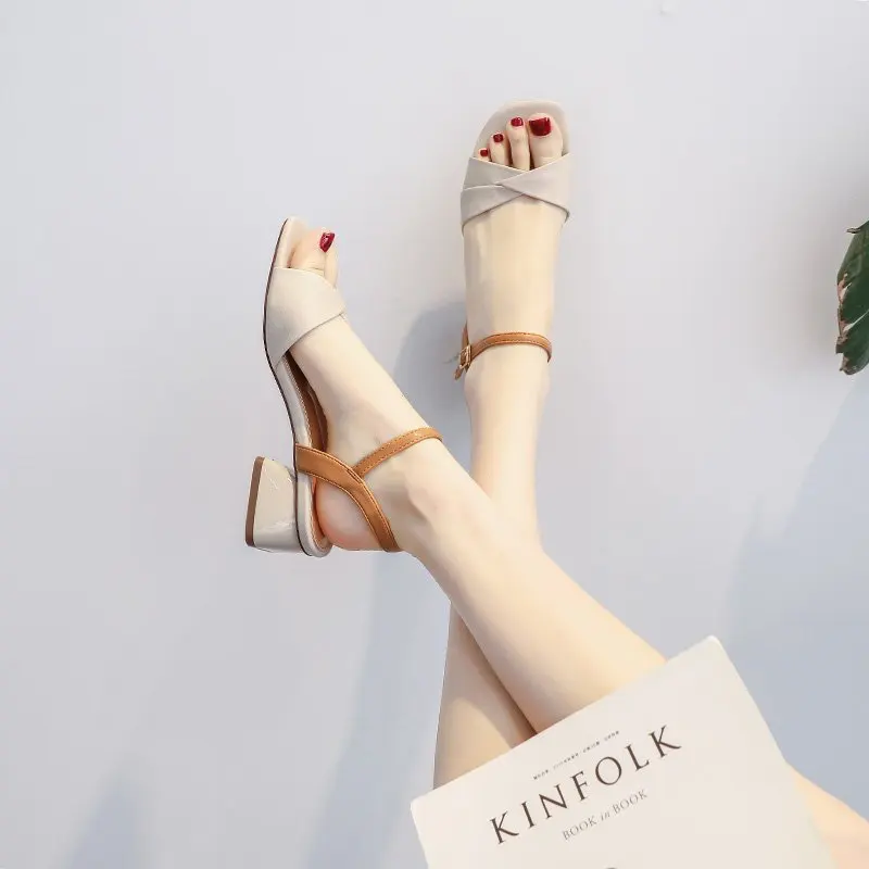 Fairy Style Square Head Color Contrast Open-toe Sandals Summer Thick Heel Fashion One-word Buckle Roman High Heel Women