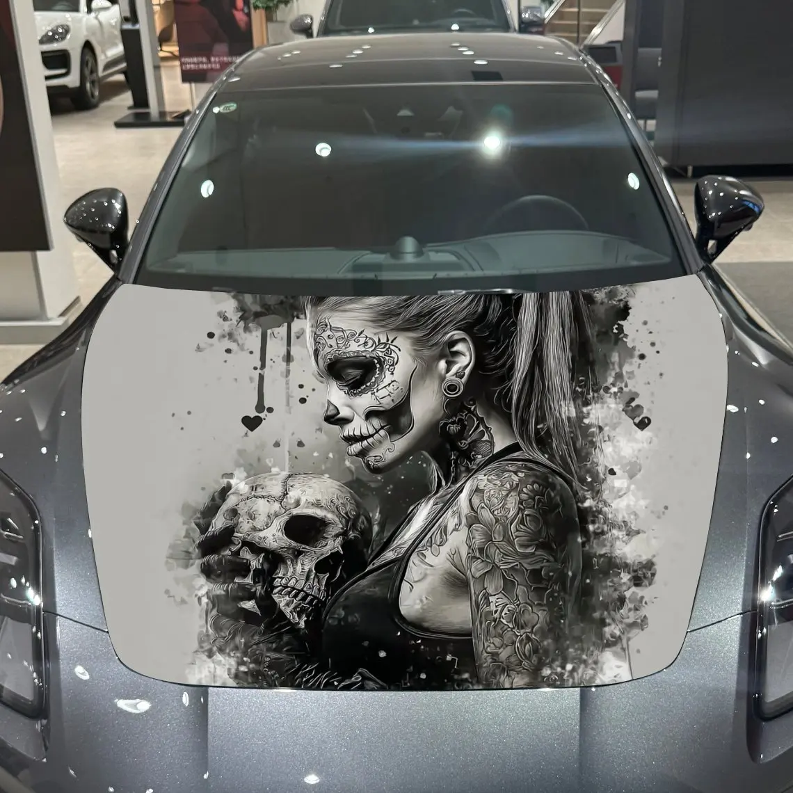 

Gothic Tattoo Girl And Skull Printed Car Hood Stickers-Colorful PVC Stickers Suitable For Racing Car Bodies,external Vinyl Modif