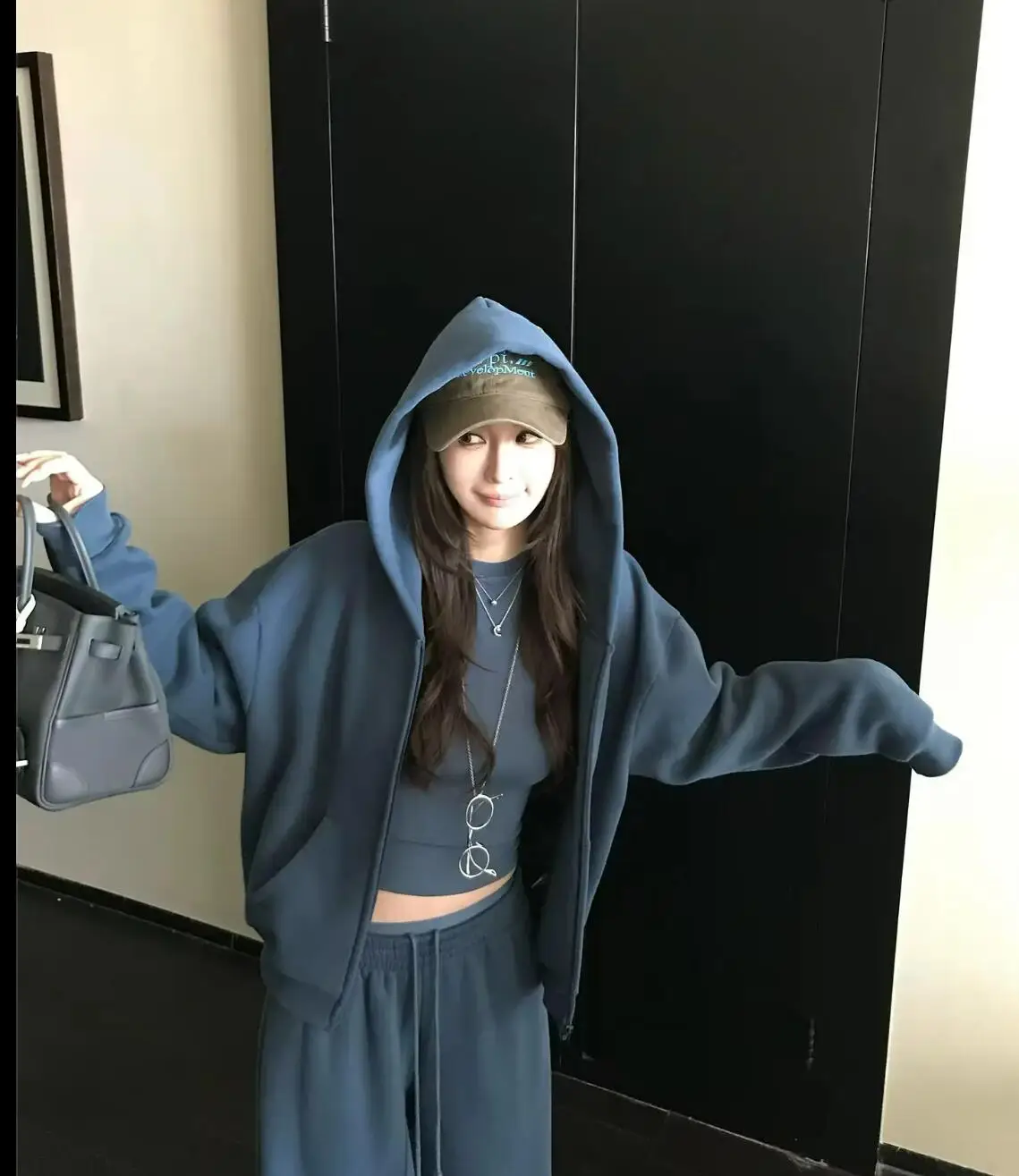 3pcs 1 Set Winter Zip up With Fleece Hooded Sweatshirt O neck Long Sleeve T-shirt Elastic Waist Wide Leg Pant Sweats Pants Suits