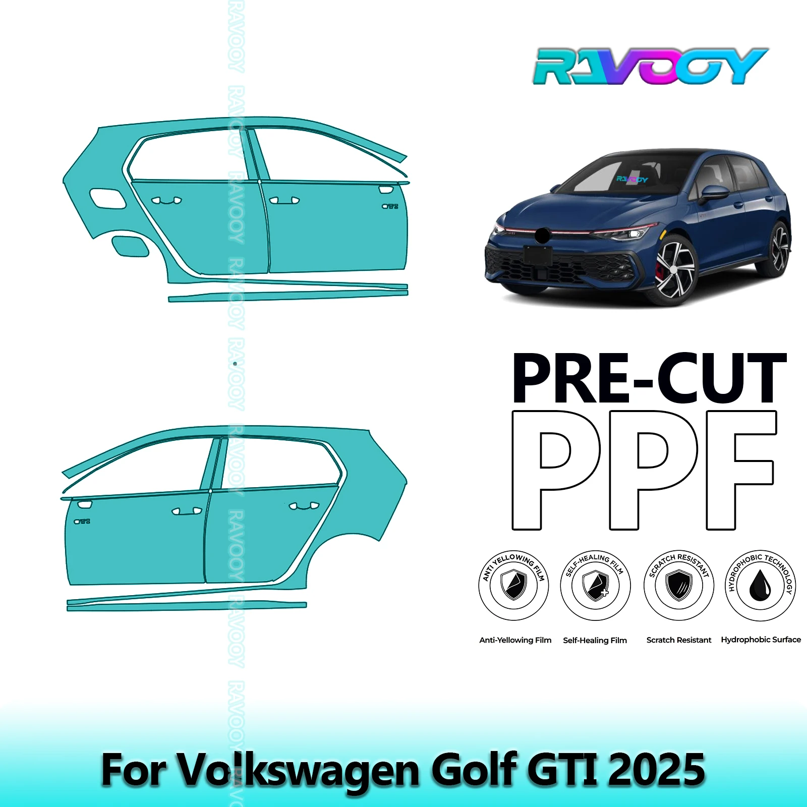 

For Volkswagen Golf GTI 2025 8.5mil Clear Matte Pre-Cut PPF Door & A/B Pillar Kit TPU Paint Protection Film Set