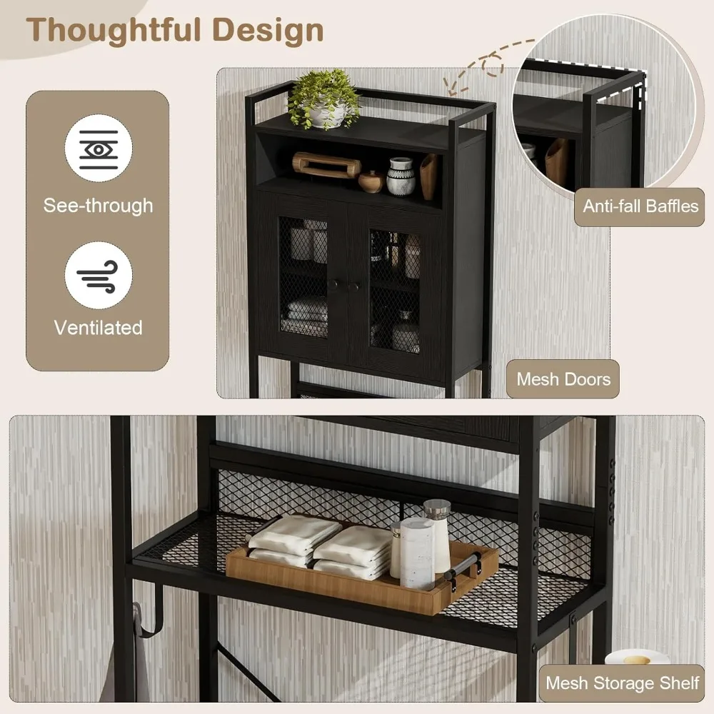 Over The Toilet Storage Cabinet, 5-Tier Space Saver Above Toilet with 2 Mesh Doors, Metal Stand, Toilet Paper, Customized