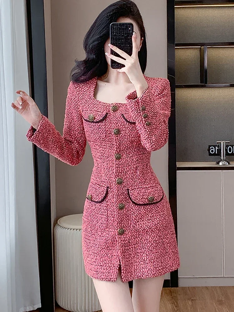 Feminino rosa tweed grosso quente mini vestido outono inverno manga longa gola quadrada vestido 2024 coreano elegante bodycon vestido de aniversário