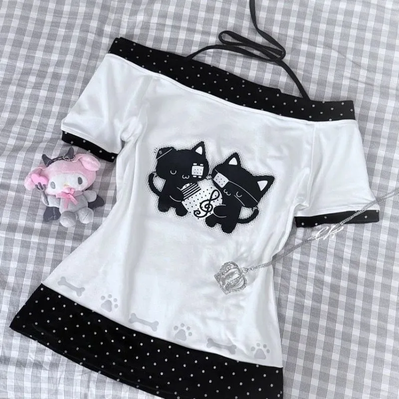 

HOUZHOU White Graphic T-Shirts Women Kawaii Off Shoulder Polka Dot Short Sleeve Lace Up Tees Cute Slim Japanese Style Casual