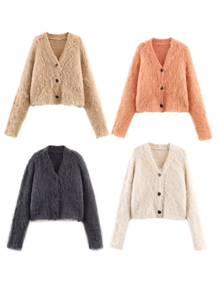 

HH Women Fashion V-Neck Single-breasted Short Knitted Jacket Female Winter Temperament Solid Long Sleeve Cardigan Sweater