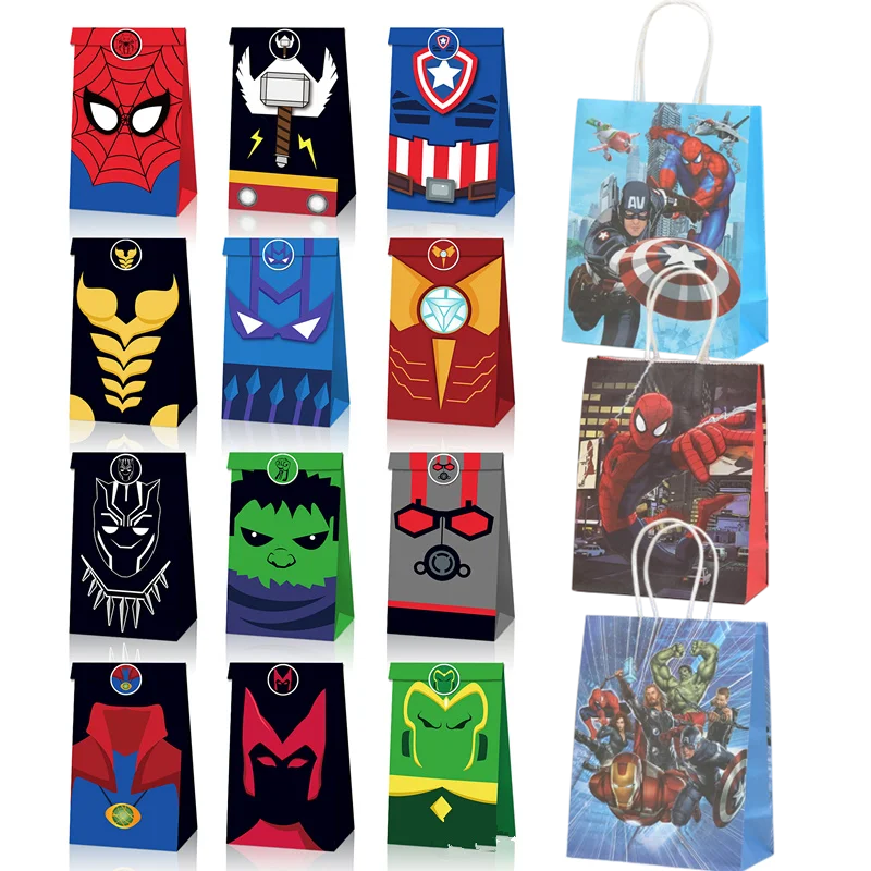 

12pcs Disney Marvel Avenger Birthday Party Decor Candy Gift Bag Sticker Snack Paper Bag Cartoon Candy Gift Bag Party Supplies