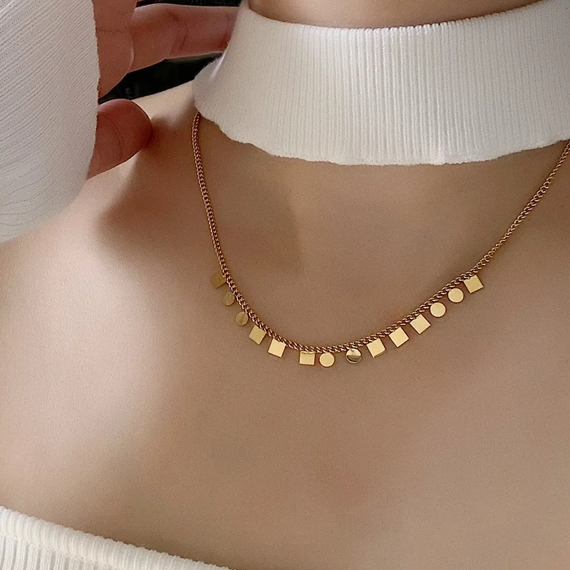 

2023 New Geometric Stainless Steel Small Round Square Block Choker Necklace 18 K Gold Color Charm Necklace Jewelry Fashion Gift