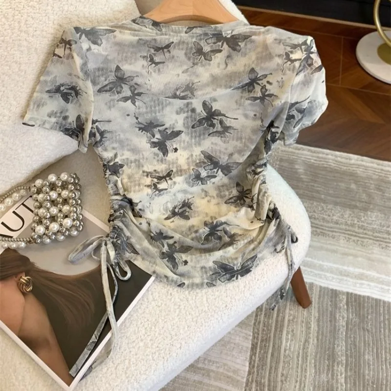Tie Dye Butterfly T Shirt For Women Vintage Y2k Clothes Transparent Short Tees Spring Summer Fashion Retro Ropa Mujer